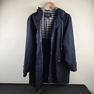 Lands End Raincoat Womens LT Navy Blue Button Up Solid Pockets